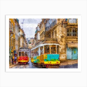 Trams In Lisbon Watercolour Painting Art Effect Colourful Print Art Print