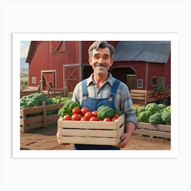 Smiling Farmer Holding A Crate Of Fresh Vegetables In Front Of A Barn Art Print