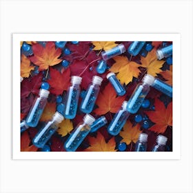 Autumn Flat Lay Composition With Blue Liquid Filled Vials Scattered Among Colorful Maple Leaves And Blue Glass Beads Art Print