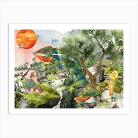 Land Of The Lizards. Surrealism. Abstract Landscape. watercolour collage Art Print