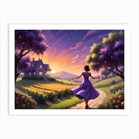 Purple Sunset Landscape With Woman In Dress And House 1 Art Print