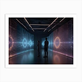 Two Individuals Standing In A Dark Room Facing A Curved Wall Displaying Colorful Digital Art With Glowing Circles And Abstract Patterns Art Print