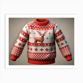 Red And White Christmas Sweater With Reindeer Design Art Print