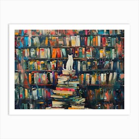 White Cat In The Library - Standing On A Rack Of Books Art Print