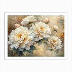 White Peony Flowers On Watercolor Background Art Print