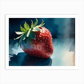 A Single, Red Strawberry With Green Leaves Is Painted On A Blue Surface Art Print