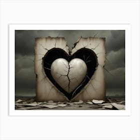 A 3d Rendering Of A Broken, Cracked Heart Sculpture Inside A Cracked, Concrete Block, With A Stormy Sky In The Background Art Print