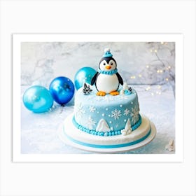 Penguin On A Cake Art Print