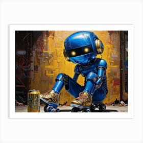 Blue Eyed Robot Inline Roller Skates Disguised As Sweaty Gold Aluminum Can Cobalt Blue Straw From Art Print