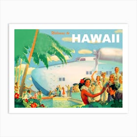 Hawaii, Big Tourist Airplane on The Port, Vintage Travel Poster Art Print