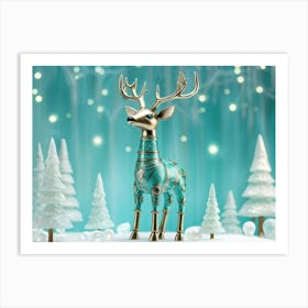 Whimsical Teal Deer Crafted From Ceramic And Metal In A Robotic Style Frolicks Amidst An Enchantin Art Print