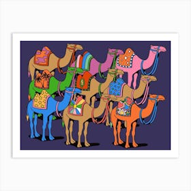 Landscape Colorful Desert Camels Colourful Morroco Sahara World Traveller Dubai Africa Art Print
