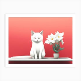 White Cat With Flowers Art Print