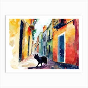 Malaga, Spain   Cat In Street Art Watercolour Painting 4 Art Print
