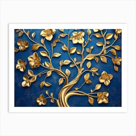 Elegant Gold and Royal Blue Floral Tree with Seamless Leaves and Flowers Hanging Branches Art Print