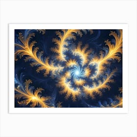 Abstract Image Featuring Intricate Swirling Patterns In Shades Of Blue, Gold, And White, Reminiscent Of Frost Or Delicate Foliage Art Print