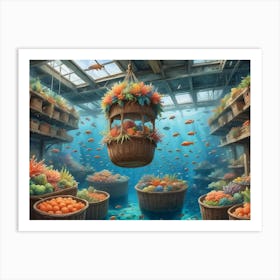 Underwater Marketplace With Hanging Baskets Of Coral And Fish Swimming Around Art Print