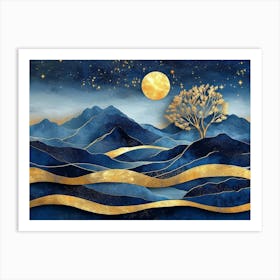 3d Modern Blue Night Landscape with Dark Mountains, Giant Golden Tree and Gold Art Print