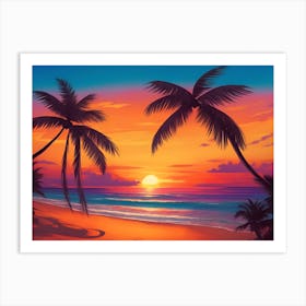 A Tranquil Beach At Sunset Horizontal Illustration 55 Art Print