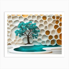 Abstract Elements Surround a Turquoise Tree at the Center of This Oak Wood and White Art Print