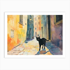 Black Cat In Turin, Italy, Street Art Watercolour Painting 1 Art Print