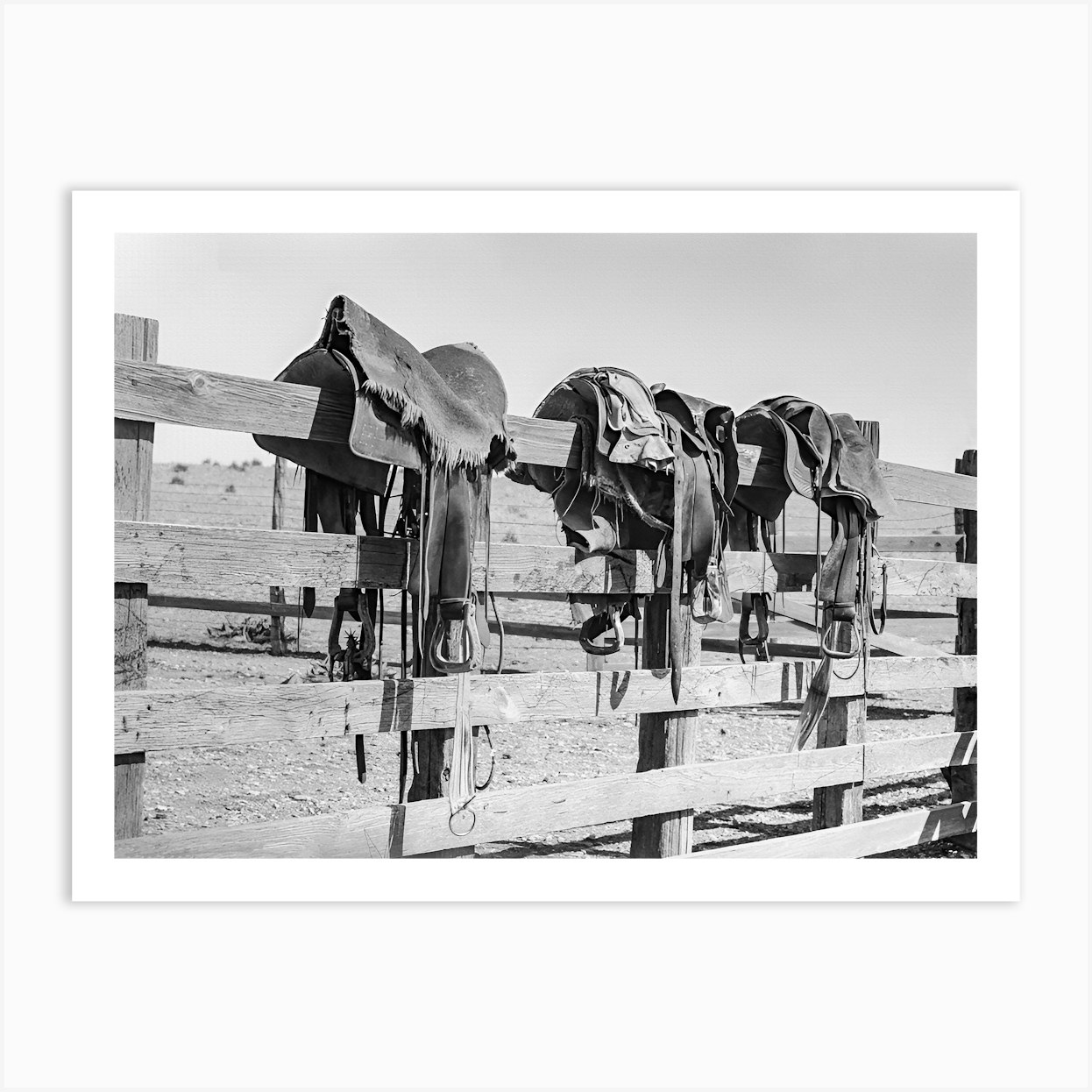 Saddles On Fence, Western Aesthetic, Vintage Black and White Old Photo Art Print by Vibrant Vintage