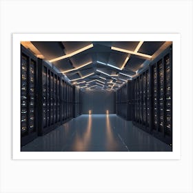 A Server Room With Black Cabinets And A Modern Ceiling Art Print