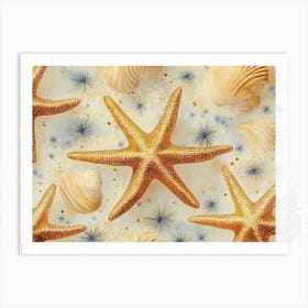 Seamless Golden Starfish Pattern, Sea Creatures Art Print