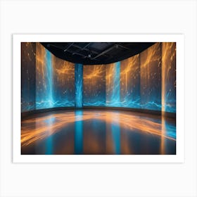 A Dark Room With A Curved Wall Of Screens Displaying Abstract, Blue And Orange Visuals Art Print