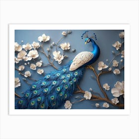 3d Artwork Background Blue Peacock on Branch 1 Art Print