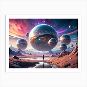 Person Standing In A Surreal Landscape With Giant Reflective Spheres Art Print