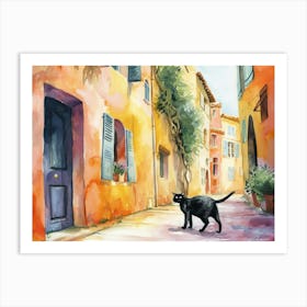 Ajaccio, France   Black Cat In Street Art Watercolour Painting 3 Art Print