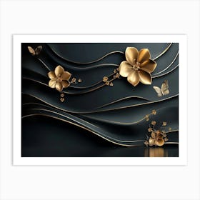 3d Abstract Black Background With Golden Flowers Lines And Butterfly 1 Art Print