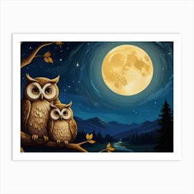 Owls under the moonlight Art Print