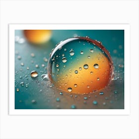 A Close Up Shot Of A Glass Sphere On A Teal Surface, Surrounded By Smaller Water Droplets Art Print