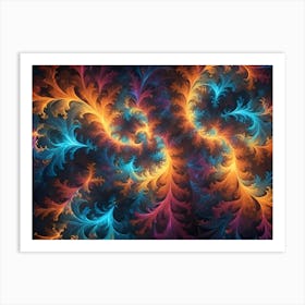 Abstract Image Featuring Intricate Swirling Patterns In Shades Of Orange, Blue, And Purple, Reminiscent Of Frost Or Delicate Foliage Art Print