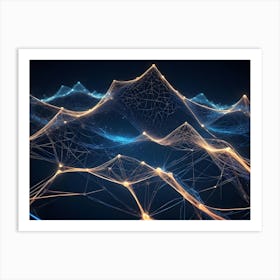 A Abstract Landscape With Glowing, Orange And Blue Lines, Representing A Digital Landscape Or A Network Of Data Art Print