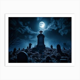 A Haunting View Of A Tomb Silhouetted Against The Night Sky A Gravestone With The Cross Engraved W (5) Art Print