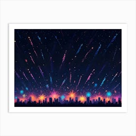 An Illustration Of A Cityscape With A Vibrant Display Of Fireworks Exploding In The Night Sky Art Print