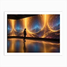 A Lone Figure In Silhouette Stands In A Futuristic, Empty Room, Gazing At A Large, Curved Display Of Abstract, Glowing, Golden Light Patterns, Resembling A Cosmic Landscape Or Data Flow Art Print