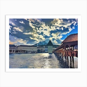 Lucerne, Scenic View of a Historic Bridge and Tower by the Water. This image depicts a picturesque scene featuring a historic wooden bridge extending over a calm body of water, leading to a distinctive tower. The background showcases a dramatic sky filled with dynamic clouds and a mountain range, adding depth and grandeur to the scene. The buildings along the waterfront and the reflections in the water enhance the overall aesthetic appeal, making it a visually captivating and serene landscape. Art Print