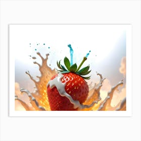 Photo Of A Strawberry Covered In White Cream, With A Blue Splash, Against A Blurred Background Art Print