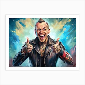 Happy Tattooed Man Giving Thumbs Up With A Bright Background 1 Art Print