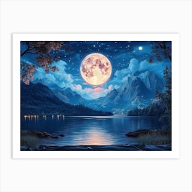 Full Moon Over Lake 1 Art Print