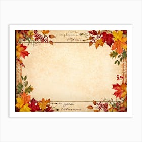 Autumn Themed Thanksgiving Frame Edges Adorned With Crimson Orange And Yellow Leaves Center Hold (4) Art Print