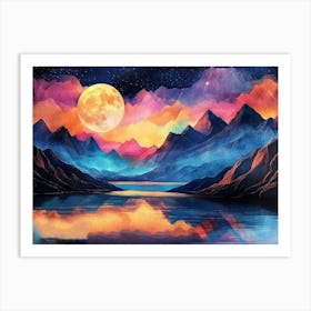 3d Modern Night Landscape Colorful Mountains Art Print