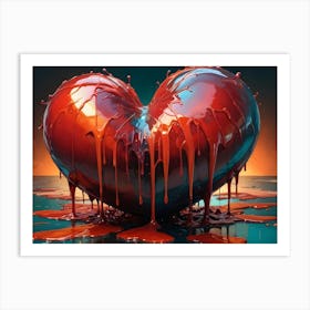 Abstract Image Of A Heart Shape Made Of Red Liquid, With Drips Falling Onto A Dark Background Art Print