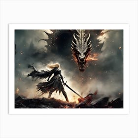 A Warrior Stands Before A Great Dragon Art Print
