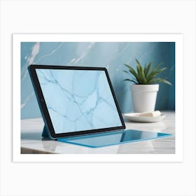 A Product Mockup Of A Tablet On A Marble Surface With A Plant And A Soap Bar Art Print