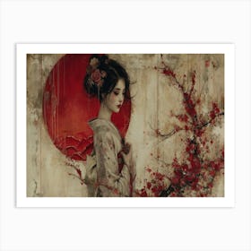 Geisha Grace: Elegance in Burgundy and Grey. Sakura Blossom Art Print